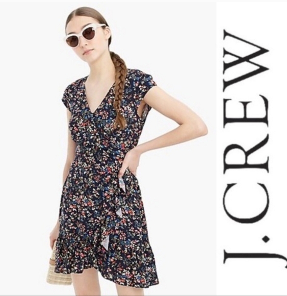 J. Crew Dresses & Skirts - J.Crew‎ Ruffle-front Mini Faux Wrap Dress in Tapestry Blue Floral Size 10 Medium